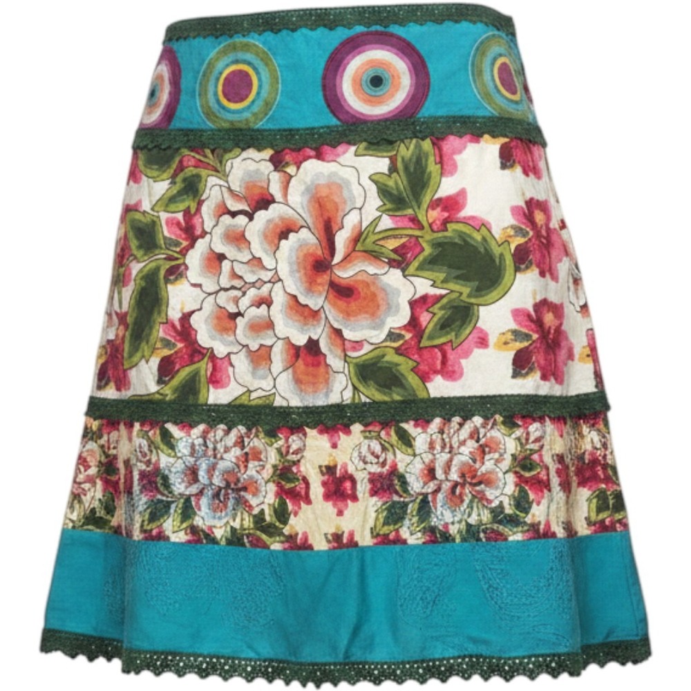 Desigual Floral Patchwork Mini Skirt Sz 40/L Boho Cottagecore Lace Trim Colorful